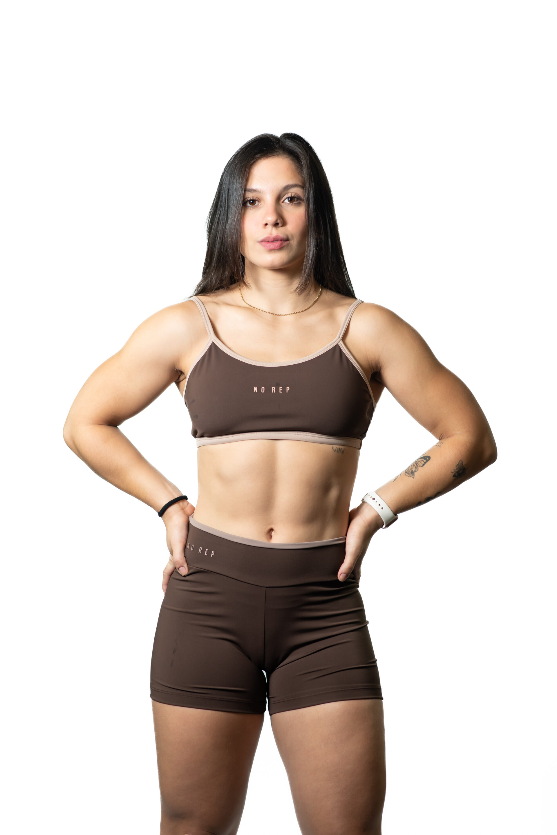 Top New Basic Deep Brown Cós e Viés Bege - Image 2