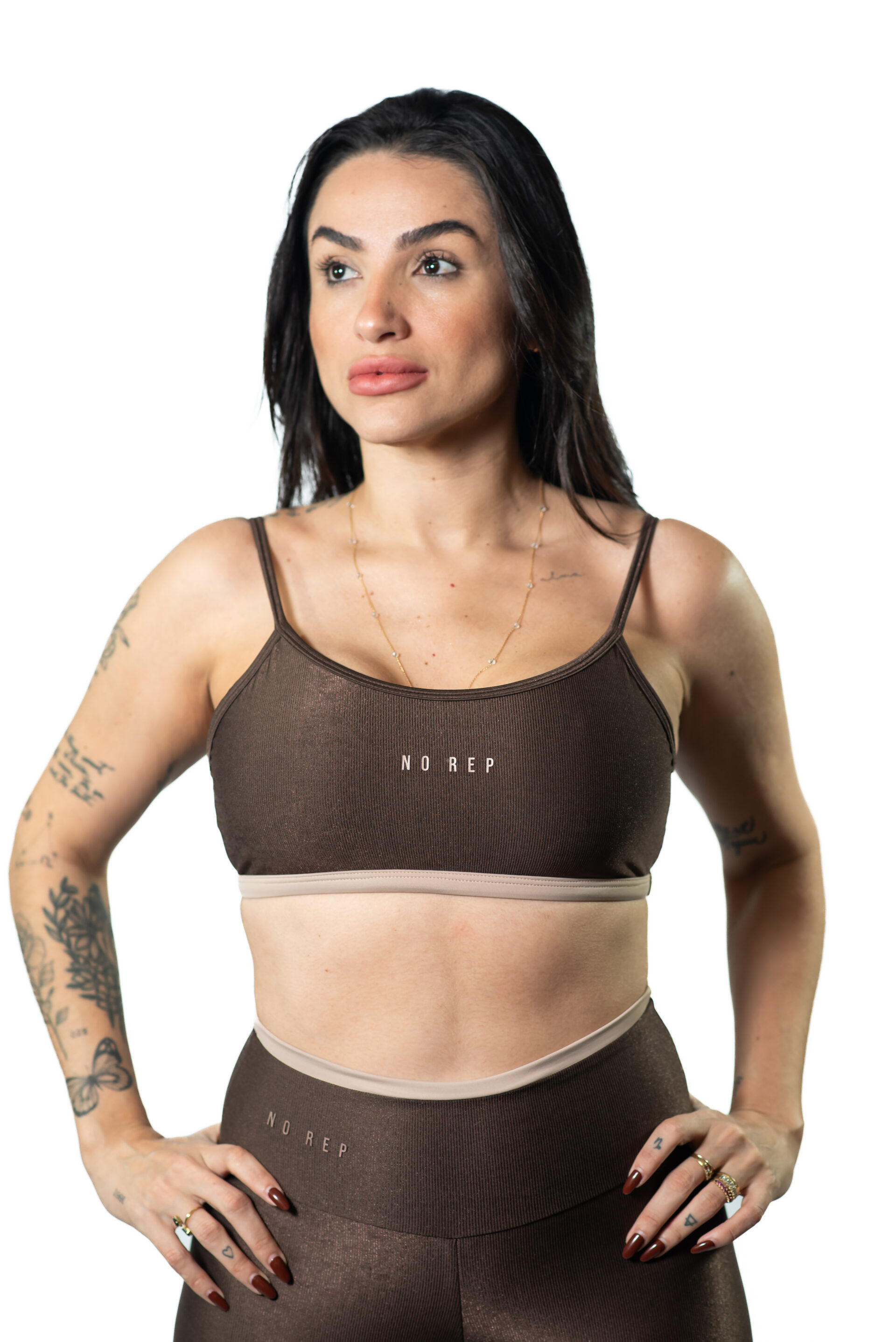 Top New Basic Alta Compressão Deep Brown Cós e Viés Bege