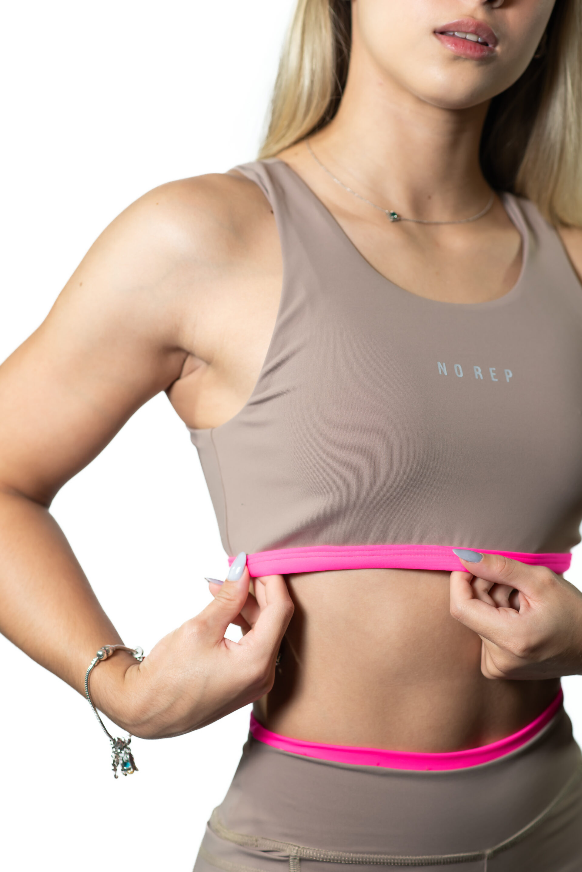 Top New Cropped Dusty Beige Cós Rosa Neon